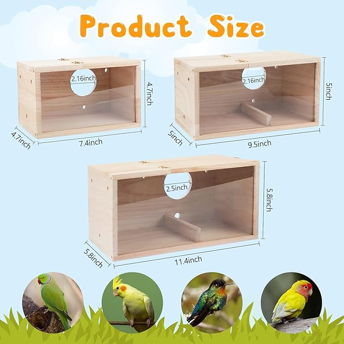 Natural Wood Nesting Box for Parakeet Birds Transparent Design Breeding Box with Perch Wood Bird Cage House for Cockatiel Lovebirds Budgie Finch Parrotlets Canary (Large)