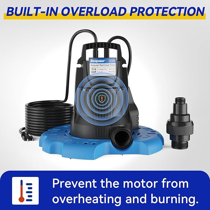 Acquaer 1/3 HP Automatic Swimming Pool Cover Pump, 2950 GPH Submersible Sump Pump with 3/4” Check Valve Adapter & 25ft Power Cord, Water Removal for Pool, Hot Tubs, Rooftops, Water Beds, Black & Blue