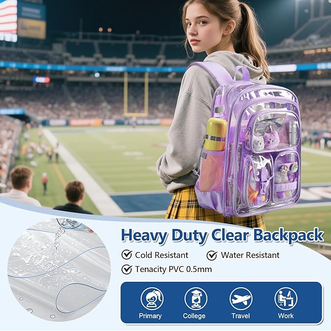 Clear Backpack with Pencil Case, Heavy Duty PVC Transparent Backpack with Oxford Cloth Bottom & Reflective Strips for Primary College Work Stadium Concert Festival
