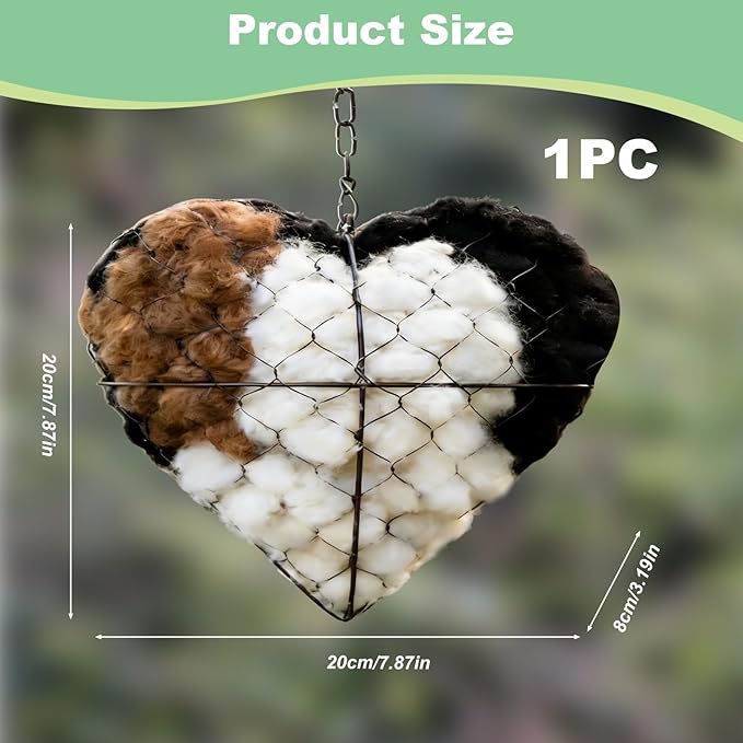 Handmade Alpaca Fiber Bird Nesting Heart, Refillable Hummingbird Nesting Holder with Natural Nesting Materials, Heart Shape Outdoor Bird Shelter for Garden Yard Tree, Wildlife Gift for Bird Lovers