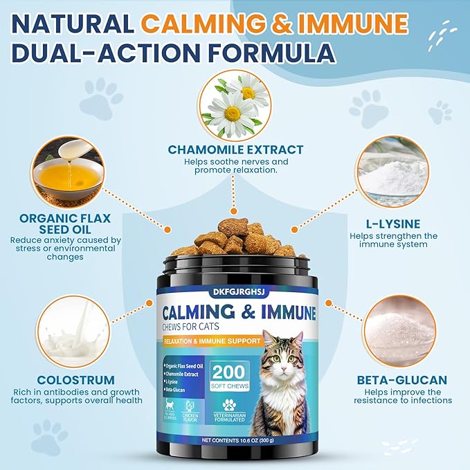 Cat Calming Treats, 200 Calm Soft Chews to Soothe Stressed Cats Anxiety Relief Reduce Stress & Promote Relaxation Immune Support Chicken Flavored