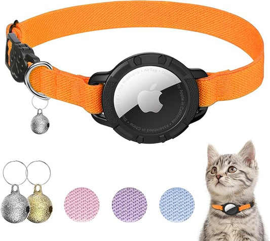 AirTag Cat Collars, Stretchy Collar with Apple AirTag Holder and Bell, Breakaway Ultra Design Elastic GPS Tracking Collars for Cats and Puppies, (7.5-12.5 Inch), Orange