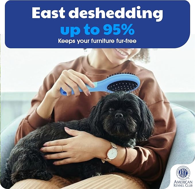 American Kennel Club AKC Pet Grooming Brush for Dogs and Cats - 2-in-1 Deshedding and Detangling Brush with Dense Nylon Bristles, Removes Loose Hair for Short and Long Coat Dogs and All Breeds