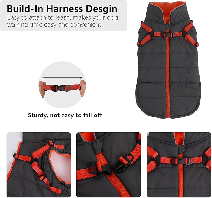 Geyecete Winter Warm Coat Waterproof Dog Winter Jacket with Harness Traction Belt,Windproof Pet Outdoor Jacket Dog Autumn-Gray-XXL