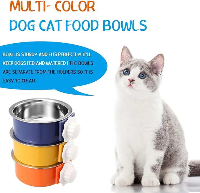 Amyhill 12 Pcs Crate Dog Bowls Bulk Removable Stainless Steel Hanging Food Water Feeder Bowl Pet Kennel Cage Coop Cup for Cat, Puppy, Birds, Rats, Ferret, Guinea Pigs, 3 Colors