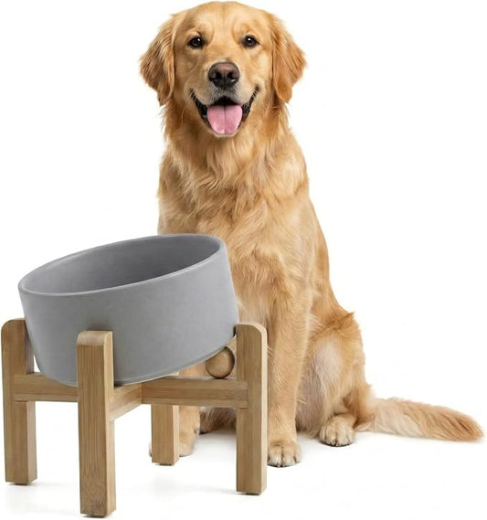 hjn Elevated Ceramic Dog Bowl 15°Slanted Raised Dog Bowl with Bamboo Stand for Small Medium Dogs and Cats, Pet Feeder -7.6-Cup (1800ml)-Gray
