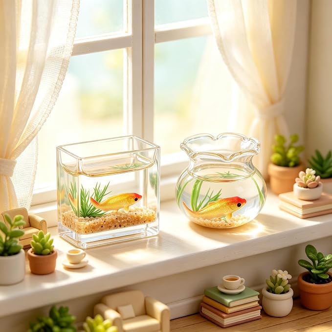 2Pcs 1/12 Scale Accessories Dollhouses Fish Tank，1: 12 Scale Miniature Fish Bowl Miniature Dollhouse Accessories for Garden Scene Decor Desktop Ornaments，Dollhouses Accessories，Dollhouse Décor