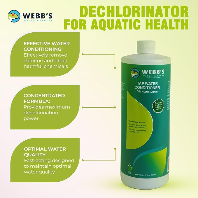 Webb's Water Gardens Essential Tap Water Conditioner Dechlorinator - Ideal for Ponds, Freshwater & Aquariums - Concentrated Formula for Dechlorinated Water - Liquid Supplies for Aquatic Pets - 32oz