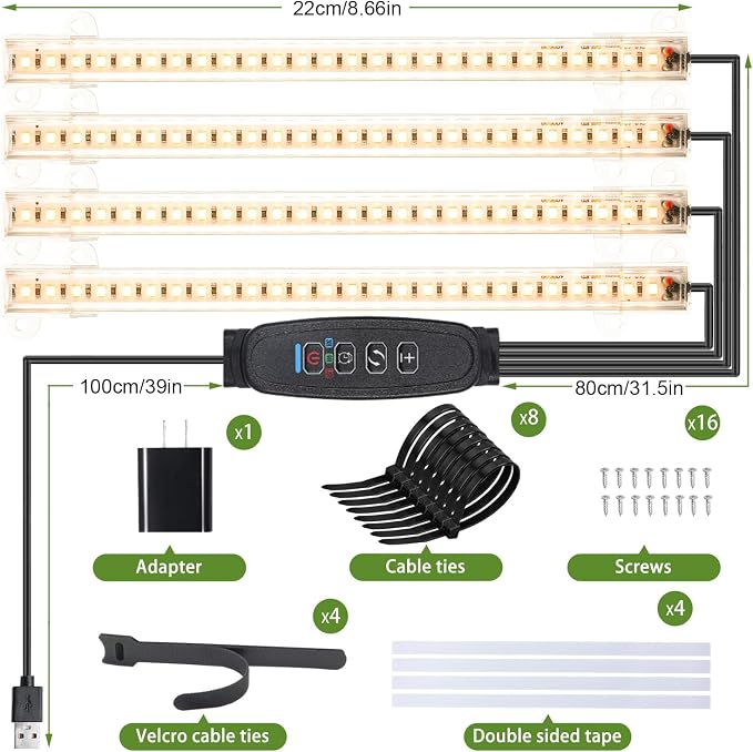 8.6'' LED Grow Light Strips, Full Spectrum 3500K Grow Lights for Indoor Plants, 4 Head with 3/9/12H Timer, 10 Dimmable Levels, Suitable for Seedling, Succulent, Plant Shelf and Greenhouse, 1-Pack