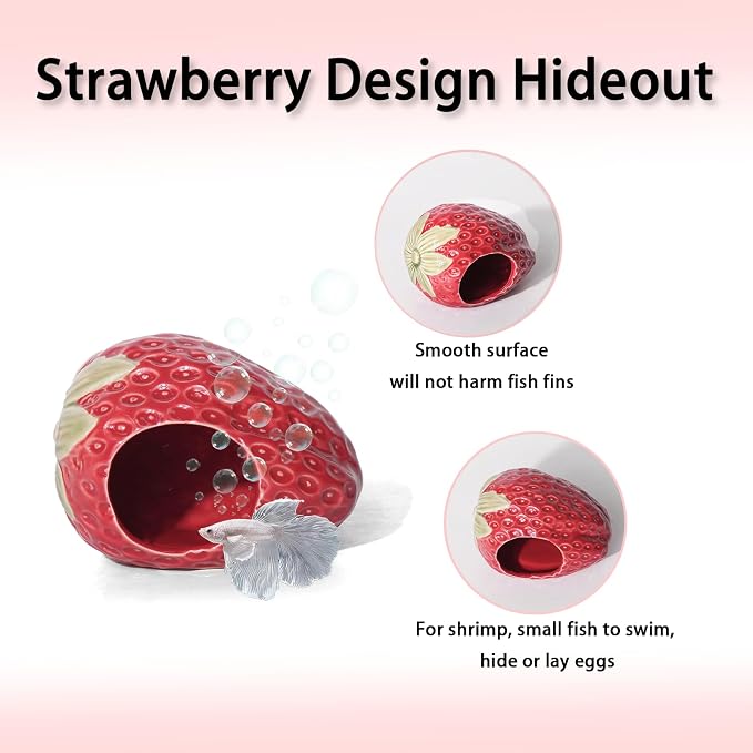 Ceramic Aquarium Decor Cute Red Strawberry Betta Fish Tank Cave | Smooth-Surface Safe for Fish Hiding & Breeding, Easy-Clean, No Assembly, for Play & Rest,Fits 2.5-5 Gallon Fish Tanks