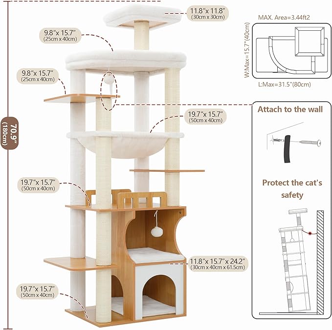 Gitelsnour Cat Tree, 70.9 Inch Wood Cat Tower for Large Cats Adult, Modern Cat Furniture with Double-Layer Wooden Cat Condo, 2 Platforms, Large Hammock and Scratching Posts, Walnut GCT102WB