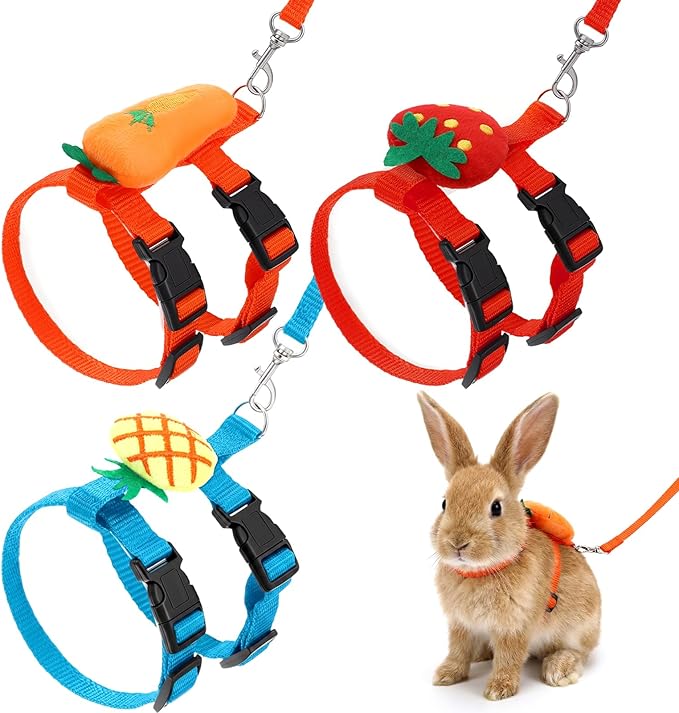 3PCS Adjustable Bunny Rabbit Harness and Leash Set, Small Pet Cute Vest Harness Leash with Decoration, Guinea Pig Harnesses for Ferret, Kitten, Puppy, Rat, Squirrel (Strawberry, Carrot, Pineapple)
