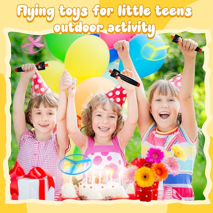 Meooeck Disk Helicopter Toy Disco Flyers Include 12 String Launchers and 24 Flying Saucer Disk Launcher Toy Fly Toys for Outdoor Activity Little Teens Birthday Party Favors(36 Pcs)
