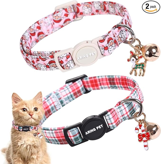 ARING PET 2 Pack Cat Collar, Christmas Breakaway Kitten Small Collars with Bells for Girl Boy Cats-Red Green Pink Plaid & Santa Claus