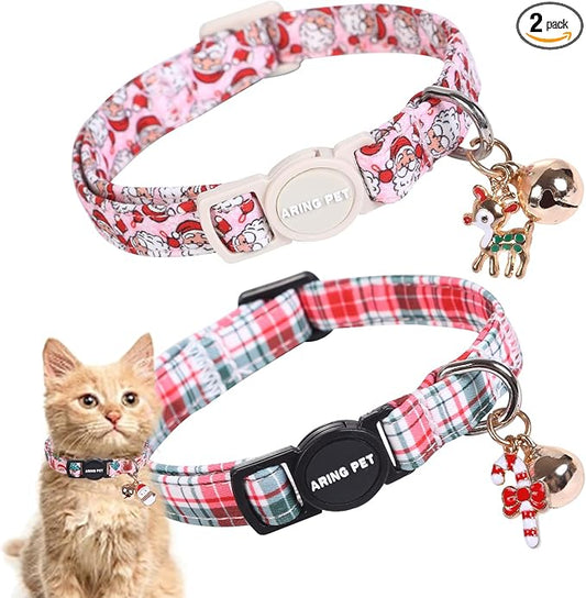 ARING PET 2 Pack Cat Collar, Christmas Breakaway Kitten Small Collars with Bells for Girl Boy Cats-Red Green Pink Plaid & Santa Claus
