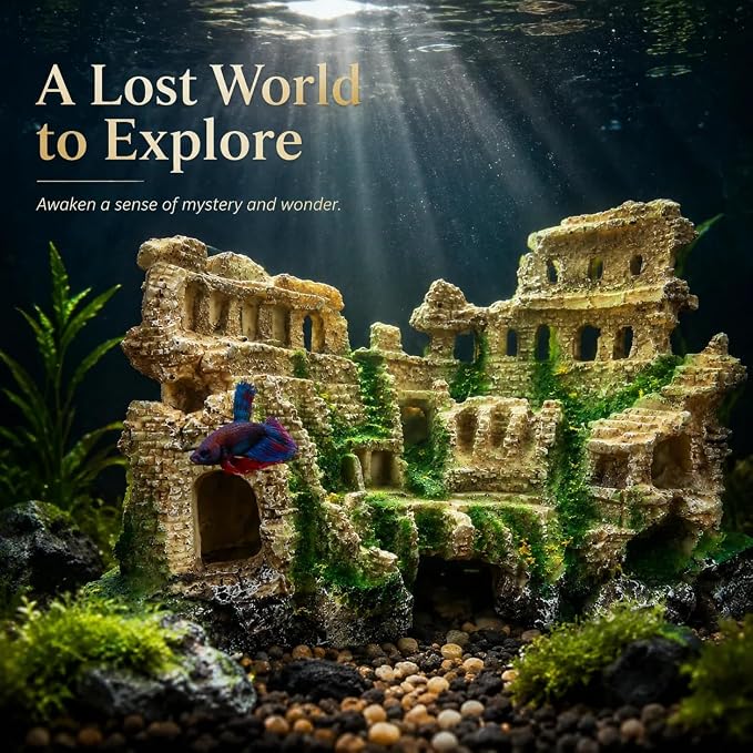 Antique Roman Column Ruins Aquarium Decor, Greek Aquarium Decorations, European Castle&Underground Roman Column Fish Tank Cave, Large Rock Cave Hideout, Safe for Freshwater & Saltwater Tanks