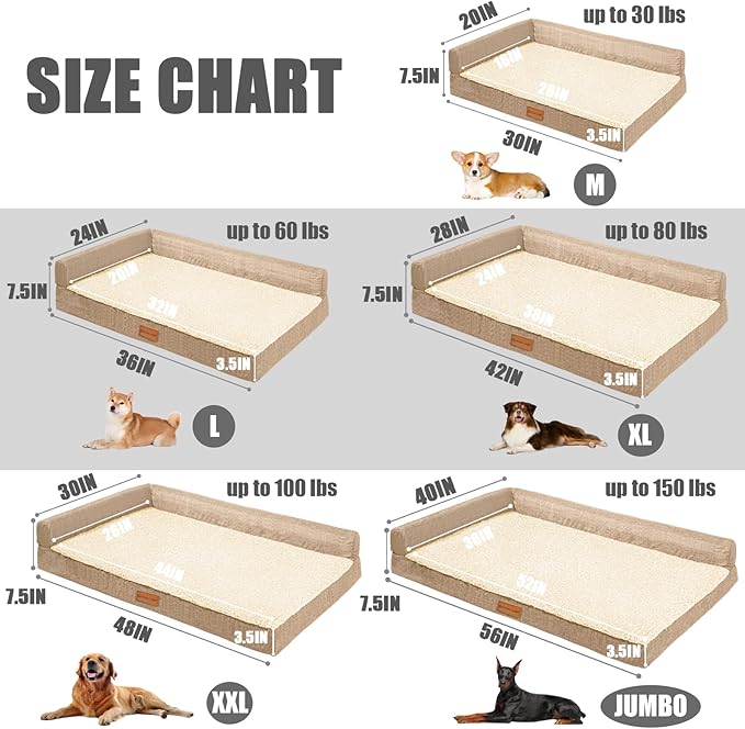 Patas Lague Orthopedic Dog Bed Medium Size Dog 30''X20'', Waterproof L Bolster Medium Pet Sofa Beds with Removable Washable Cover, Soft Comfortable Pet Couch Crate Mat with Nonskid Bottom, Cream