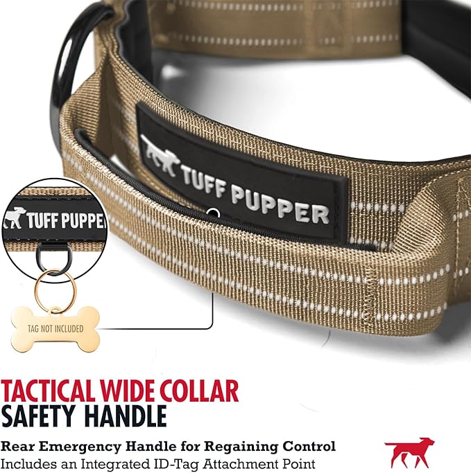 Tuff Pupper Tactical Dog Collar | Heavy Duty 1.5" Wide Ballistic Nylon | Training Control Handle | Quick-Release Metal Buckle | Reflective Bands | ID Tag Holder | Padded Inner Lining (Tan, Medium)