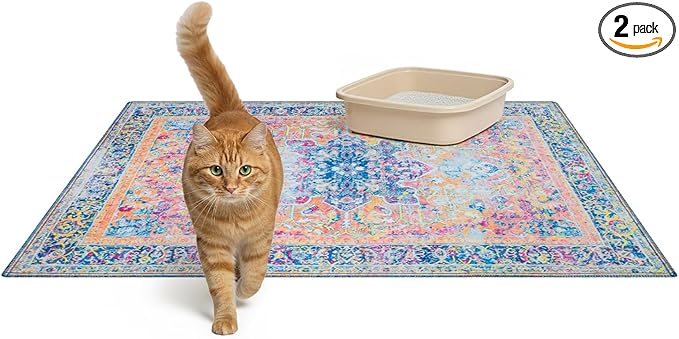 Lovewag Pets Cat Litter Mat 2 Pack - Large 36x48 Machine Washable Easy Clean Non-Slip Waterproof Trapping Mats for Cats - (Marmalade Sunshine)