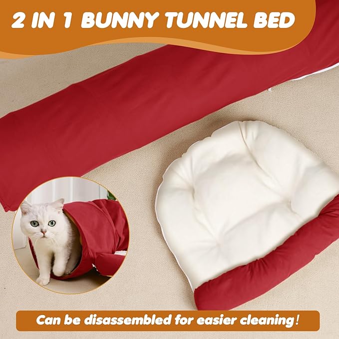 Spardar Bunny Tunnel Bed, 2-in-1 Collapsible Tunnel Tubes Toys, Washable, with Removable Mat Hideout, Interactive Toys for Rabbits Chinchilla Hedgehog Guinea Pigs Kitty, Red