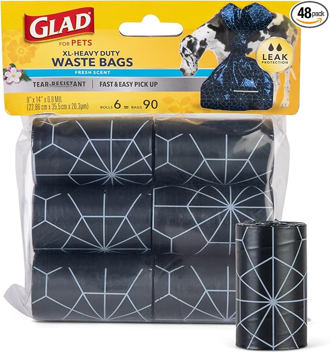 Glad for Pets Extra Large Scented Dog Poop Bags, Heavy Duty Tear-Resistant Pet Waste Pickup Bags with Fresh Scent, Easy-Tie Handles for Walking, Camping, Travel, 90 Count - 48 Pack