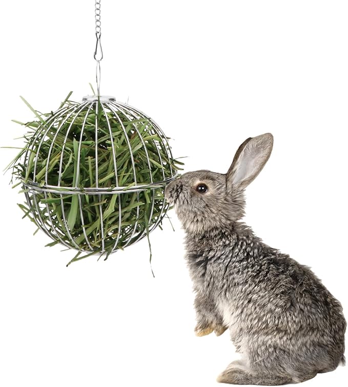 Rabbit Hay Ball Stainless Steel Hanging Feed Dispenser for Bunny Hamster Guinea Pig Rat Chinchilla (A: 5.11inch, Silver)