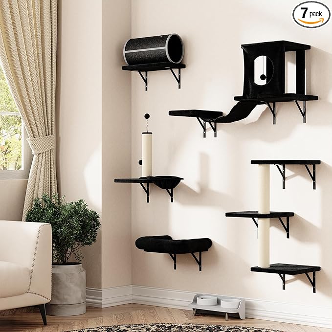 7-in-1 Cat Wall Shelves, Wall Mounted Cat Climber Set, Cat Furniture with House, Tunnel, Bridge, Steps, Scratcher, Hammock, Shelves for Indoor, Black