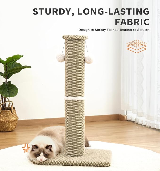 Made4Pets Tall Cat Scratching Post, 33" Modern Cat Scratcher with Hanging Balls, Heavy Duty and Thicker Scratching Post for Indoor Cats Adults, Sturdy Base Cat Scratch Post, Beige
