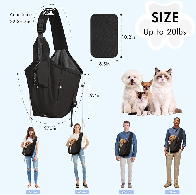 Dog Carrier Sling, Dog Carriers for Small Dogs & Cats with Pockets, Puppy Carrier Sling 20 lbs Machine Washable, Adjustable Shoulder Strap, Hands Free for Family Outdoor Use (Black)