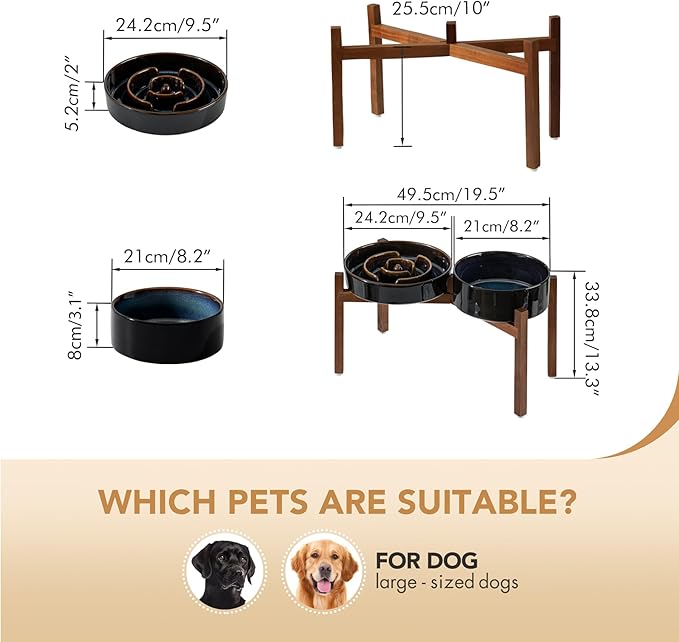 Havniva Elevated Slow Feeder Dog Bowls, 3.2 Cups/9.5 inch Slow Feeders + 8.2 inch Ceramic Dog Food & Water Bowls Set with Acacia Wood Stand Puzzle Bowls for Fast Eater, Large Dogs Anti-Choking