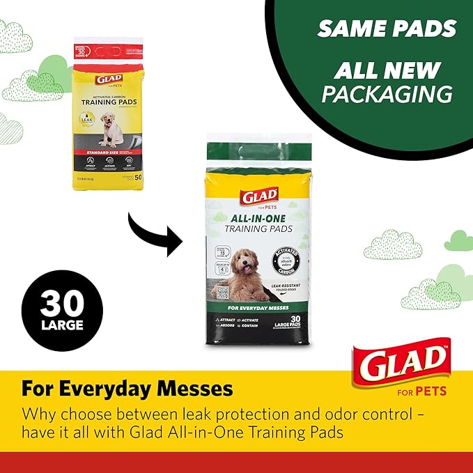 Glad for Pets Black Charcoal Puppy Pads, 23 x 23 Inch, 6-Layer Leak-Resistant Design, Activated Carbon Odor Control, Pheromone Attractant for Potty Training, 30 Count - 6 Pack