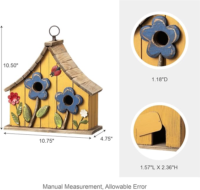 Glitzhome Bird Houses for Outside, 10.75" L Distressed Solid Wood Hanging Birdhouse with 3D Flowers Rustic Two-Story Townhouse Hand-Painted Garden Bird Houses for Outdoors,Washed Yellow