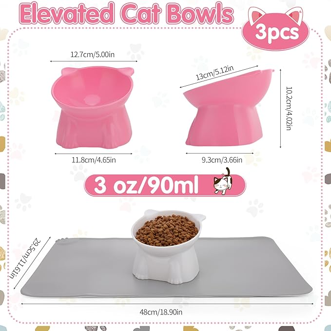Elevated Cat Bowls 15° Raised Cat Bowl with Silicone Mat Whisker Friendly Anti Vomiting Cats Elevated Food and Water Bowls for Indoor Cats Kittens, Multicolor
