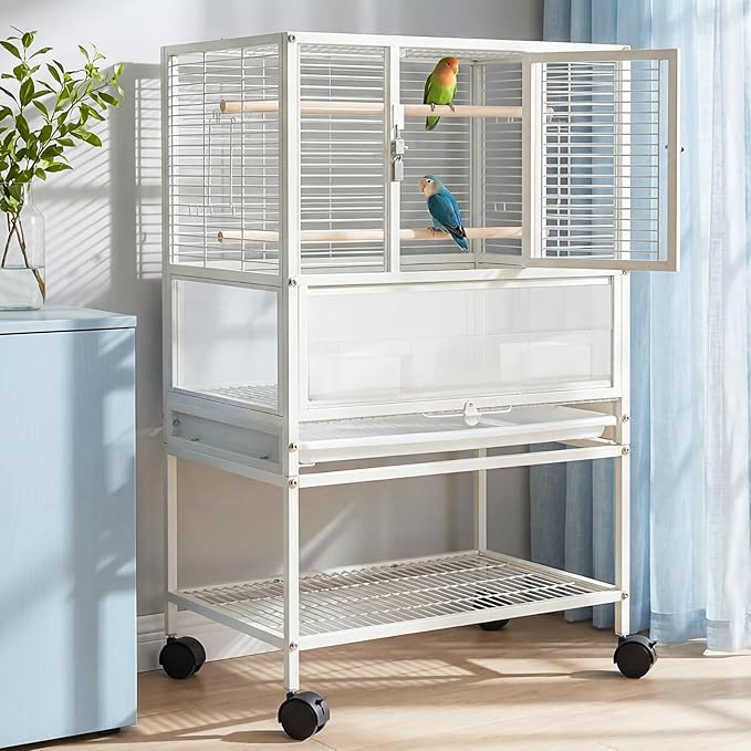 GarveeHome Small Bird Cage with Wheels, 40 Inch Parakeet Cage with Top Stand, 3 in 1 Bird Carrier for Parakeets, Canaries, Lovebirds, Small Quaker, Cockatiels, Budgie, Green Cheek,Conure