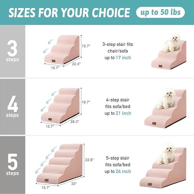 COZY KISS Dog Stairs for Small Dogs 15.7" H, Curved Dog Step for Puppy, Older Cat, Medium Pet Ramp for Sofa, Couch or Chair, Ladder with High Density Foam, 3 Step, 15.7x22.4x15.7 inch, Pink