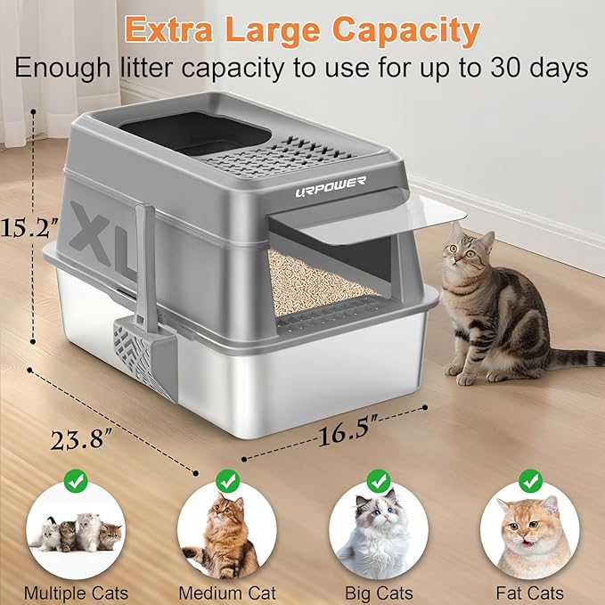 URPOWER Stainless Steel Cat Litter Box with Lid Extra Large Enclosed Litter Box Non-Sticky Metal Pan with High Sided & Scoop, Odor Free, Front & Top Entry, Anti-Leakage, Easy Cleaning