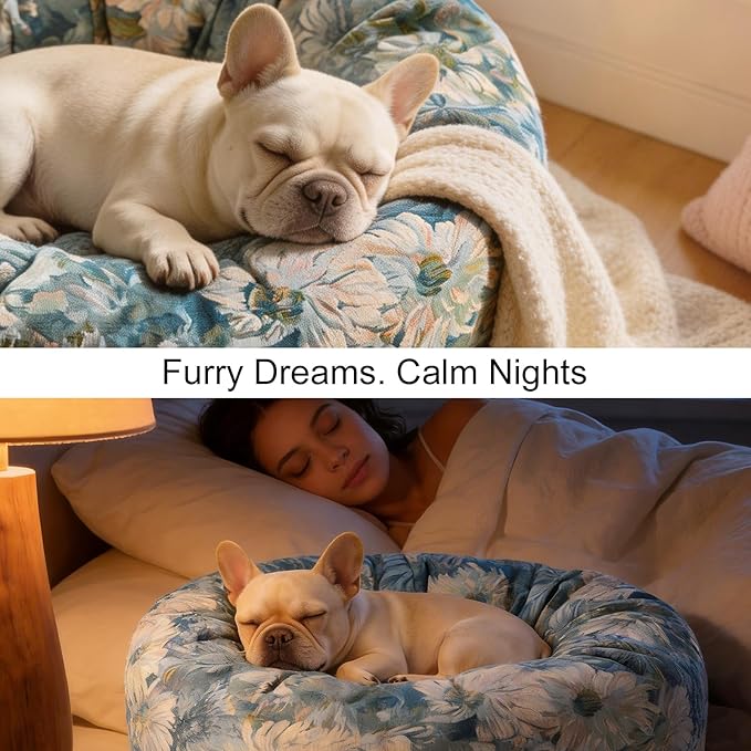 Dog Calming Beds for Small Medium Large Dogs - Round Donut Washable Puppy Dog Bed, Anti-Slip Faux Fur Fluffy Donut Cuddle Anxiety Cat Pet Bed (32" Flower)