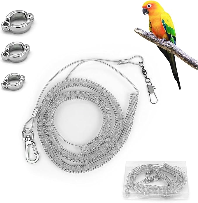 Parrot Flying Leash, 16.4 ft Training Rope with 3 Size Bird Foot Ring, Anti-Bite Elastic String for Cockatiels, Birds, Pigeon (Clear)