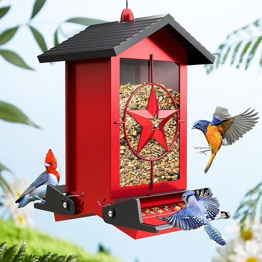 Squirrel Proof Bird Feeders for Outdoors with Weight-Activated, Metal 5LB Large Wild Bird Feeders for Cardinals,Blue Jay,Finch, Weatherproof Durable Hanging Bird Feeder for Backyard,Garden (Red)