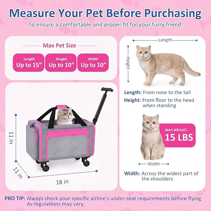 Rolling Pet Carrier with Detachable Wheels - 18x11x11 TSA Airline Approved for Southwest Delta United American, Soft Sided Expandable Travel Bag for Small Dogs & Cats up to 15Lbs, Fits Under Seat