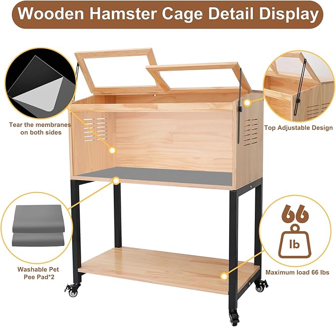Hamster Cage with Storage, Wooden Hamster Cage, Pine, Guinea Pig Cages, Large Size 31.5"L x 16"W x 38.0"H, 2 Tiers Movable Hamster Cages with Storage Shelf for Guinea Pig, Chinchilla, Rat, Bunny, etc.