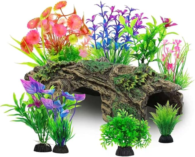 Resin Hollow Tree Trunk Betta Log Cave 1pcs with Aquarium Plants x 8pcs - Fish Tank Decorations for Betta Fish, Small Fish & Shrimp, Aquarium Ornament Hideout