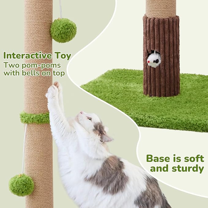 Woochpet 33" Tall Cat Scratching Post for Indoor Cats, Premium Sisal Scratch Posts with Cat Toys and Fun Mouse Holer for Cats at All Ages, Scratcher Tree with Reinforced Stable Base (Green)