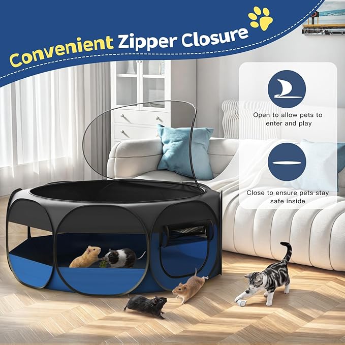 VavoPaw Small Animal Playpen, Chicken Brooder Box with Cover Top, Portable Outdoor Exercise Pet Cage Tent, Waterproof Breathable Pet playpen Indoor for Chick Ktiien Bunny Hamster Guinea Pig,Black+Blue