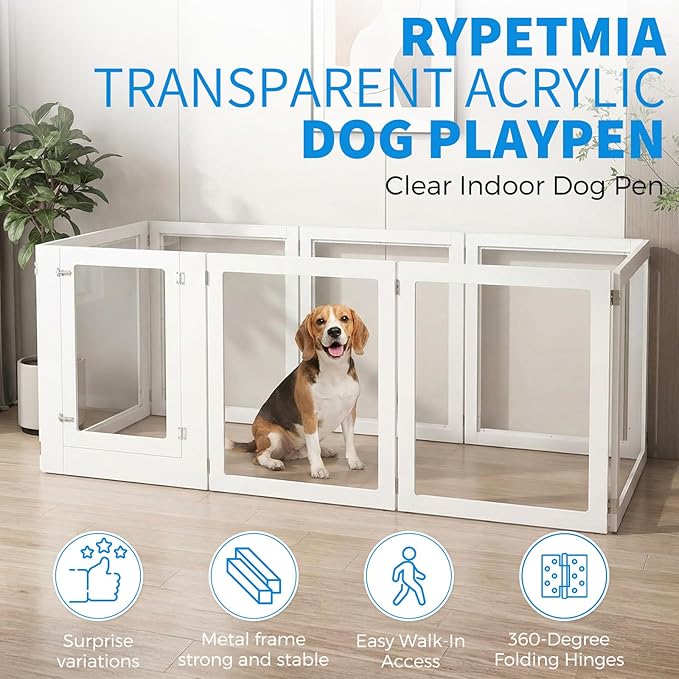 Heavy Duty Clear Acrylic Dog Playpen for Small/Medium Pets – 32" High Clear Pet Pen with Sturdy Metal Frame (White, 2 Extended Panels)