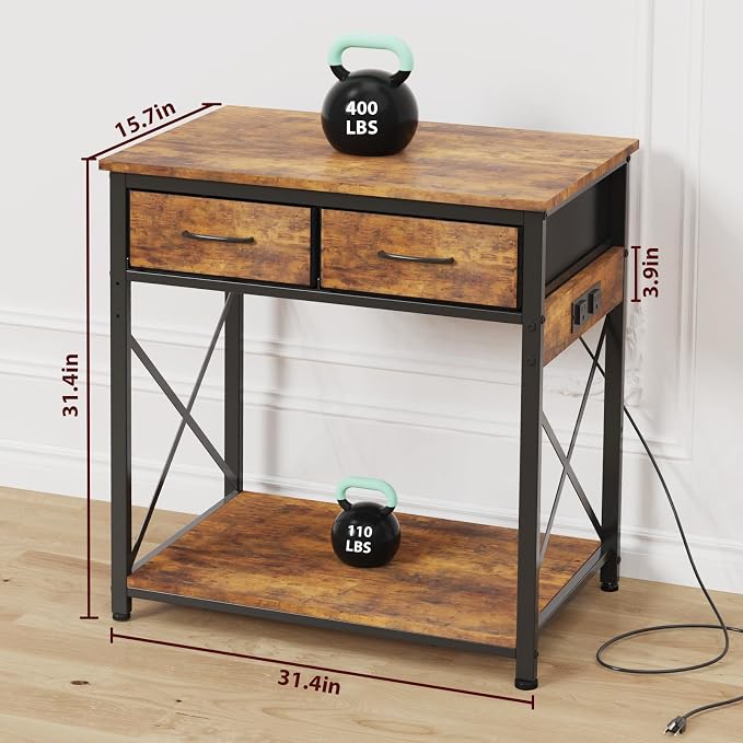 20-29-37 Gallon Fish Tank Stand with Power Outlets and 2 Drawers, Brown | Heavy duty metal frame holds up to 400 pounds with a lower shelf for a second aquarium, turtle tank or reptile terrarium
