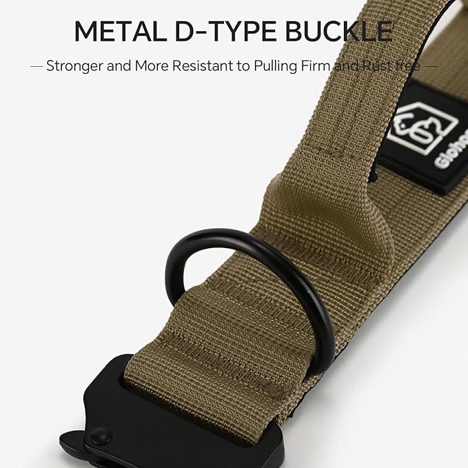 Tactical Thick Dog Collar, Adjustable Training Nylon Dog Collar, Heavy Duty Metal Buckle & Control Handle for Small Medium Large Dogs (L, Khaki)