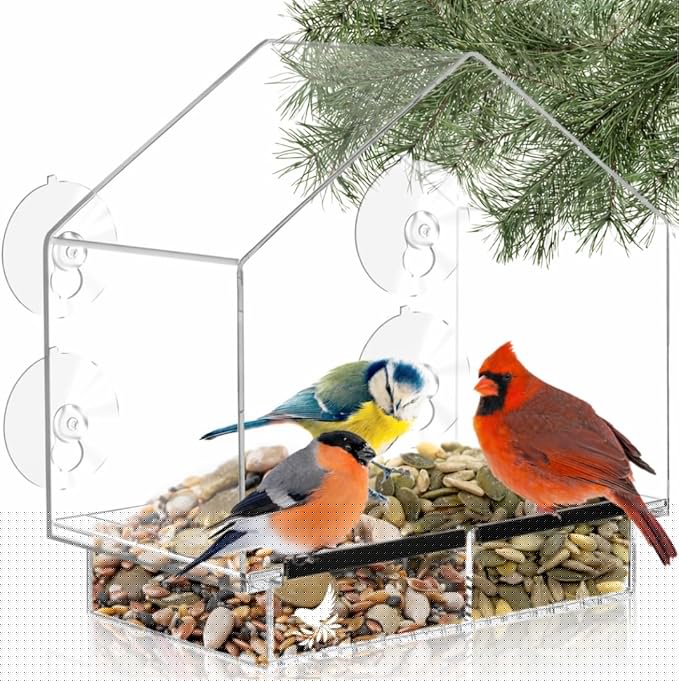 Window Bird Feeder with Strong Suction Cups, Clear Window Feeders for Outside - Transparent Bird House, Balcony Glass Mount, Acrylic Cat, Kids & Elderly Viewing