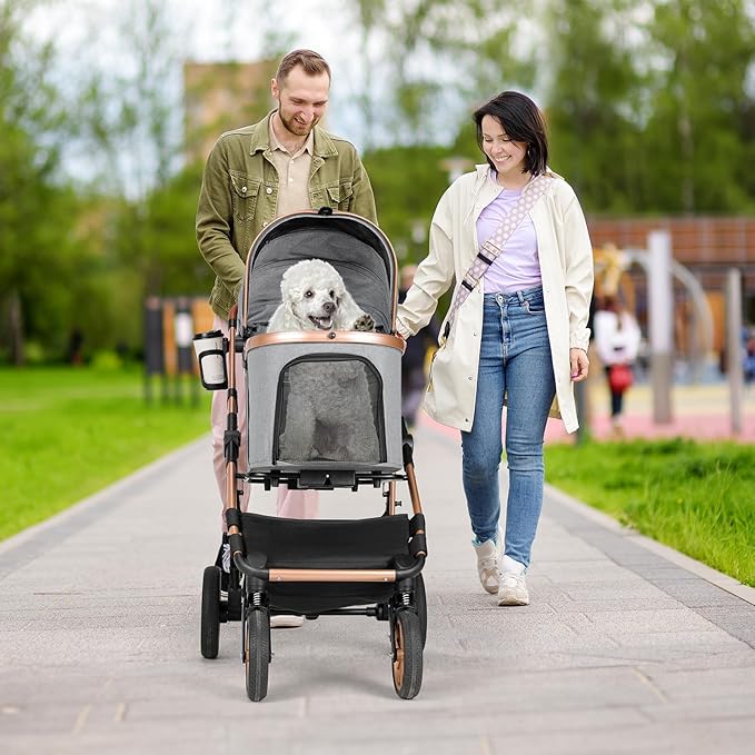 MAMIZO Pet Stroller for Medium Dogs Cats Up to 55 lbs, All-Terrain 3-in-1 Dog Stroller with Detachable Carrier, Rubber Wheels, One-Click Folding, Storage Basket & Cup Holder, for Senior Dogs & Cats