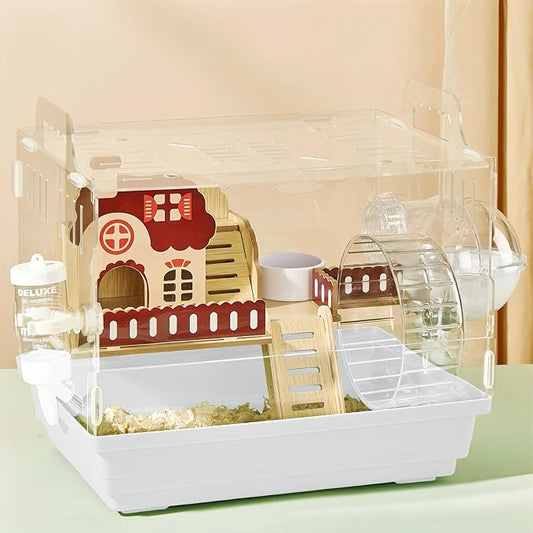 8 in 1 Clear Acrylic Hamster Cage with All Accessories,13.5''L* 10''W* 13''H Dwarf Hamster Cage,Small Hamster Habitat,Garden Style Mouse Cage for Pet Mice,Hamster Enclosure with Stairs(1-Layer,White)